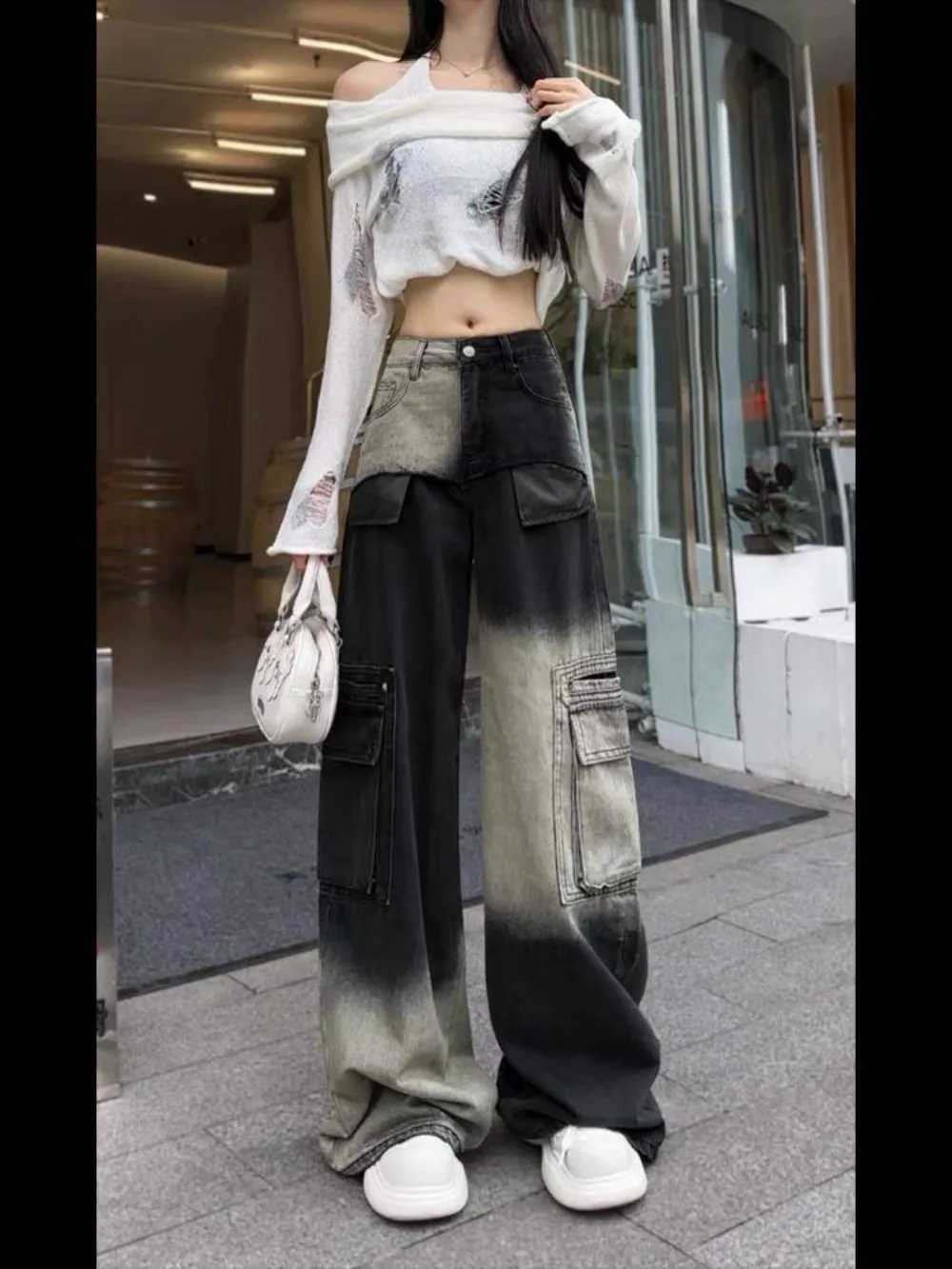 Plus Size Gradient Utility Jeans 2025 Dropped Waist Cargo Pants Venusian Silhouette Aesthetic Wide Leg Summer TrousersT251208