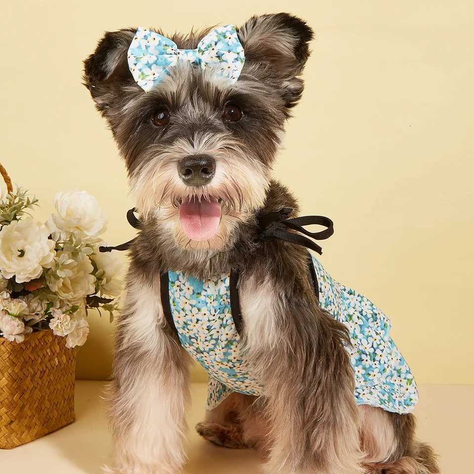 Cute Puppy Dress Set Blue Floral Print Bow Hair Accessory Ruffled Skirt Sweet Pet Wear for Daily Pet Apparel Adorable Costume M251208