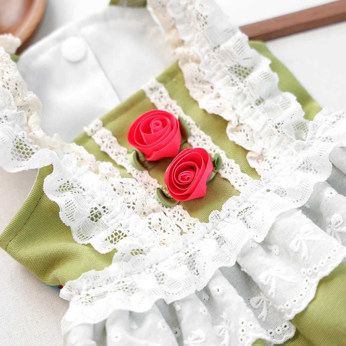 Pet Cat Dog Clothes Early Autumn Princess Style Green with Rose Flower Accessories Dress Suspender Skirt M251208