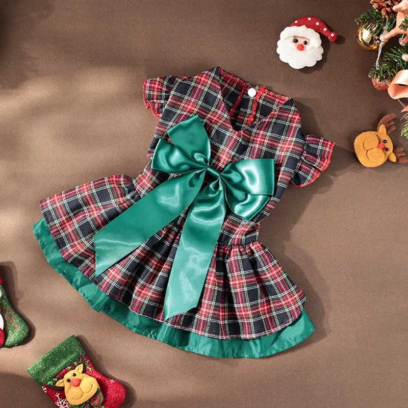 Pet Clothes Dog Christmas Classic Plaid Skirt Puppy Ruffle Sleeves Dresses Holiday Clothing M251208