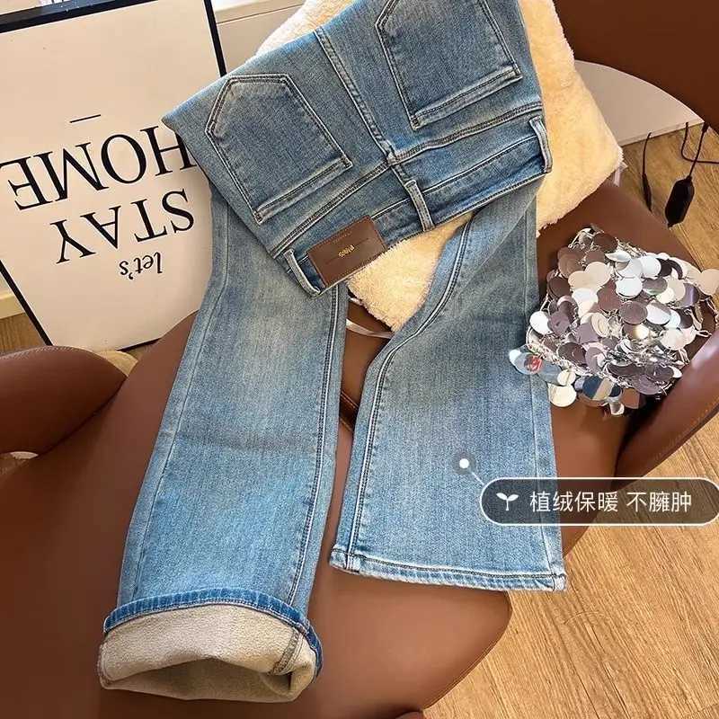 Flared Jeans for Women 25 Autumn Winter New Arrival Plus Velvet Elastic Retro Slim Sexy Petite Long PantsT251208