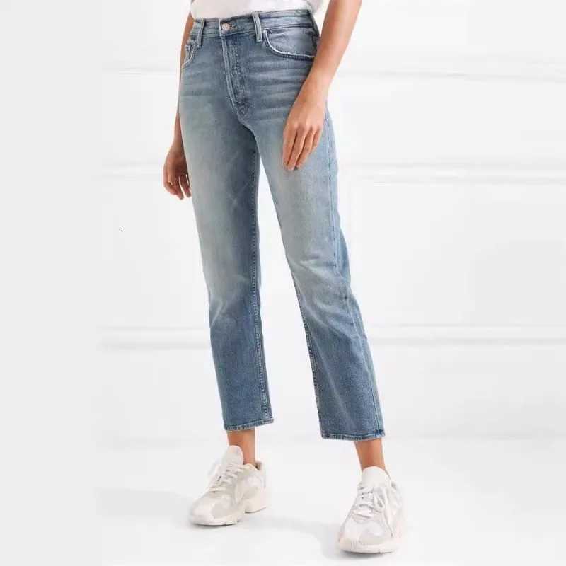 MO Light Blue Fringed Jeans Womens High Waisted Straight Leg Slimming Cropped Jeans Denim European and AmericanT251208