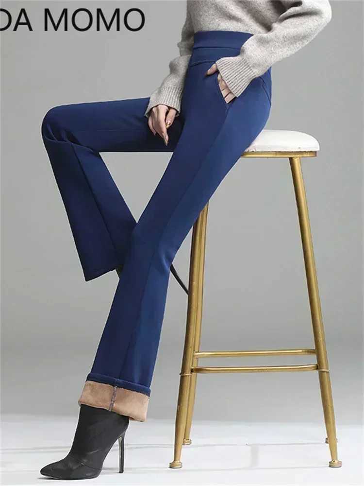 OL office winter warm thick fleece womens pants female high waist wide leg flare pants for women trousers womanT251208
