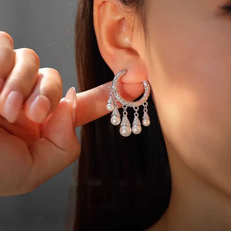 New 925 Sterling Silver Hoop Earrings Pearl Droplet Irregular Vintage Punk For Women Girl Gift Jewelry J251208