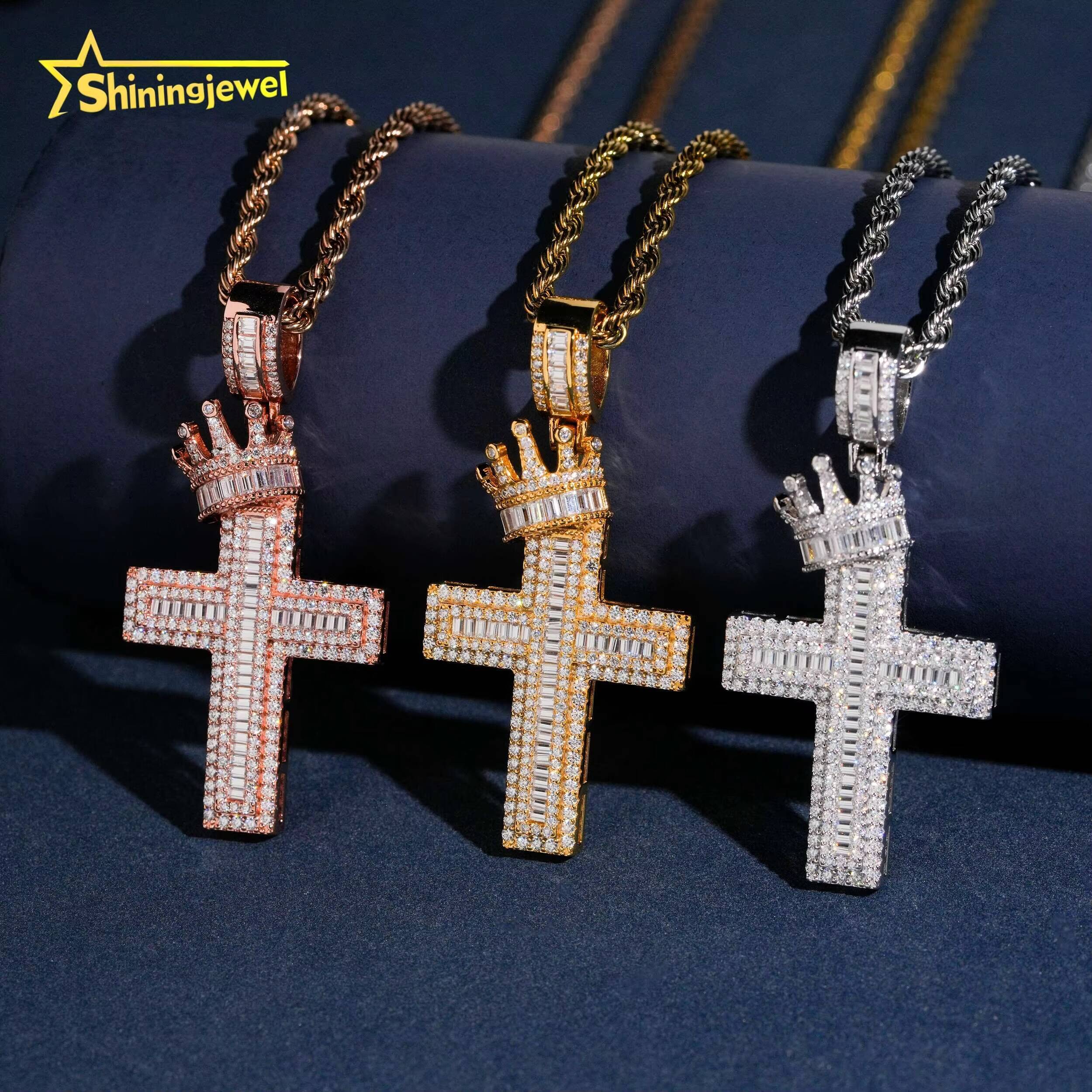 Instock Iced Out Pendant Cross Moissanite Pendant Charm Solid 925 Sterling Silver Cross Pendant with Crown Pass Diamond Tester