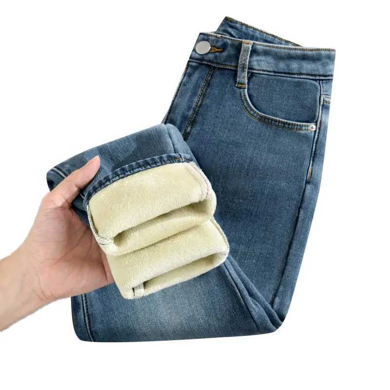 Winter Girls Thermal Warm Jeans Plush Slim Fit Stretch Jeans Lady Chic Designer Pencil Pants Girls Straight Leg Denim TrousersT251208