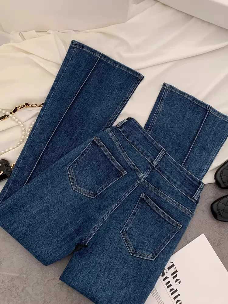 Vintage Blue Women Flare Pants Two-Button High Waist Slim Denim Trousers 2025 New Spring Summer Fashion Slim Female JeansT251208