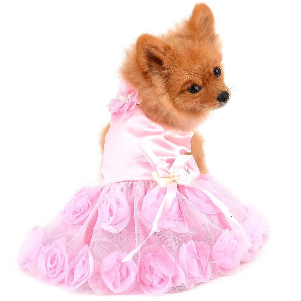 Pet Dresses for Small Dogs Girls Luxury Puppy Wedding Dress Rose Flower Lace Tutu Skirt Silky Bow Birthday Party Cat Dog Clothes M251208