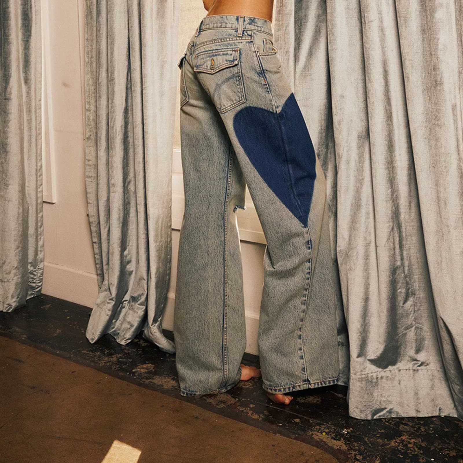 Combhasaki Womens Y2K Ripped Wide-Leg Jeans Heart Shaped Print Loose Fit Trousers Button Low Waist Denim Long Pants with PocketsT251208