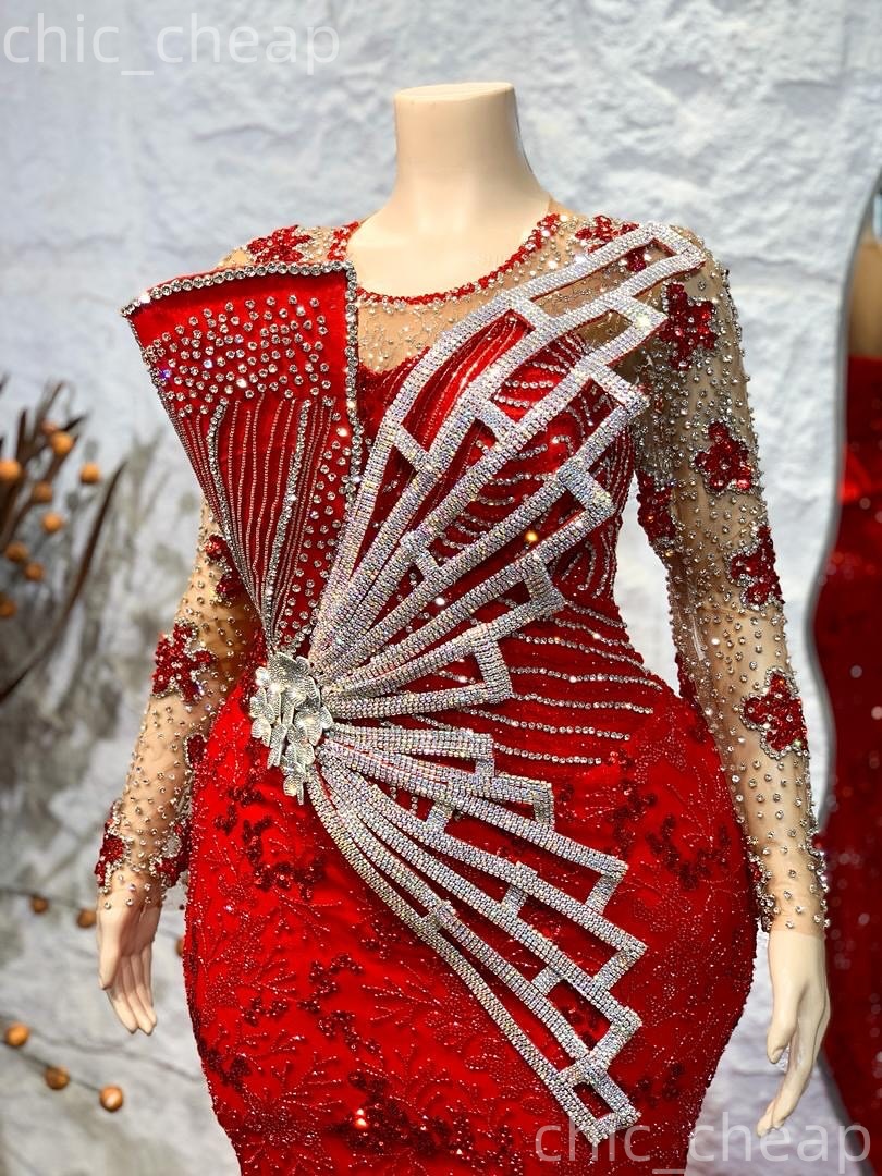 Aso Ebi Red Mermaid Prom Dresses 2026 Beaded Crystals Sequined Stylish Evening Formal Party Second Birthday Engagement Gowns Plus Size Dress For Speci
