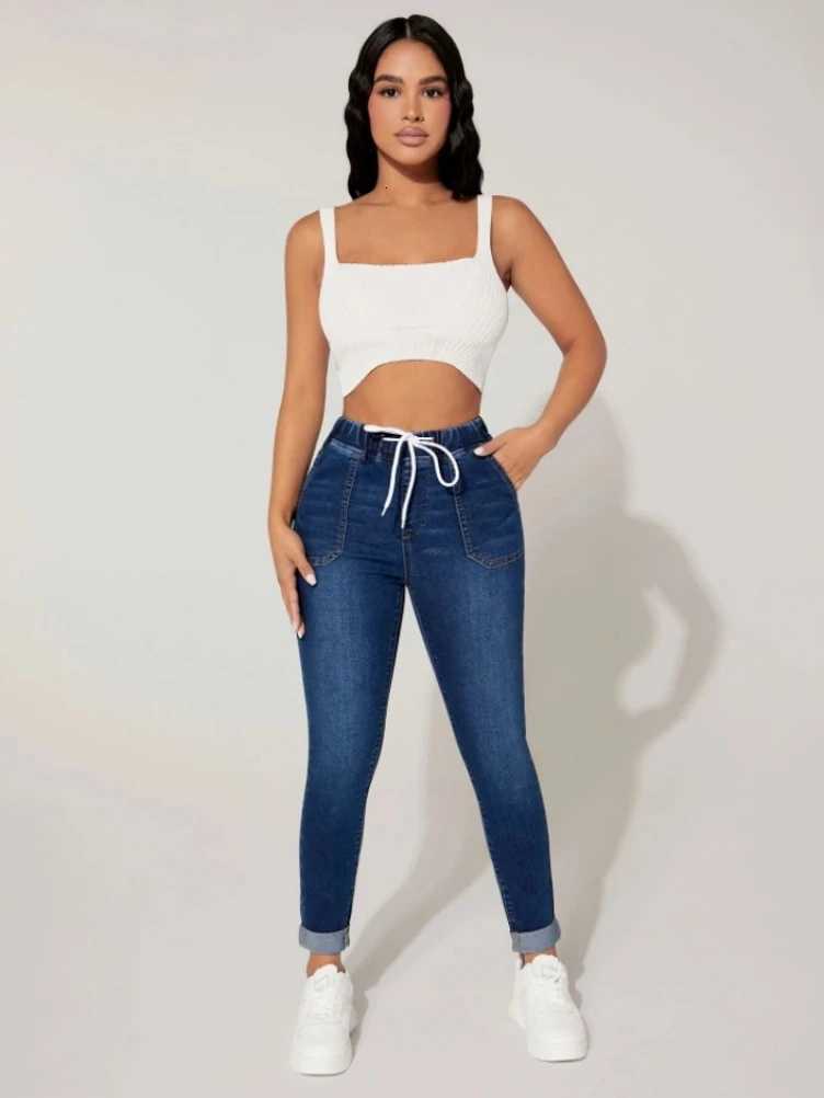 2023 Autumn and Winter Womens High Stretch Elastic Waist Drawstring Jeans Fashion Skinny Slim Ankle-Length Denim Pencil PantsT251208