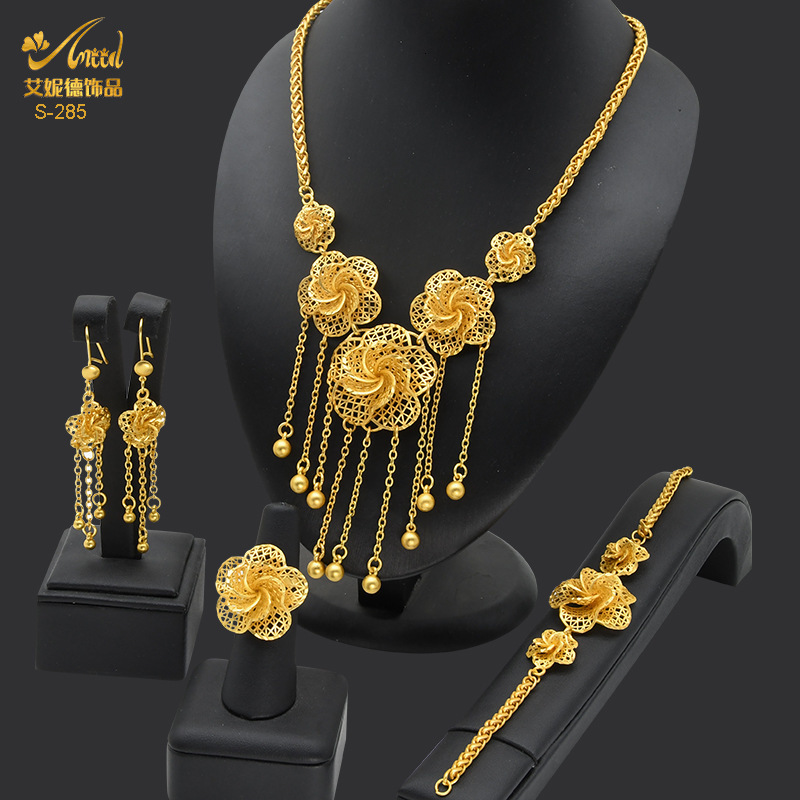 ANIID Dubai Gold Plated Jewelry Set For Women Flower With Tassel Big Nigerian Indian Bridal Necklaces Earrings Rings Sets 251114