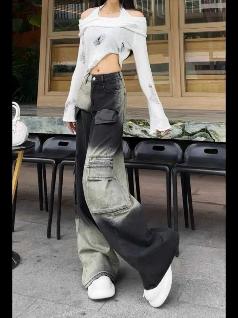 Plus Size Gradient Utility Jeans 2025 Dropped Waist Cargo Pants Venusian Silhouette Aesthetic Wide Leg Summer TrousersT251208