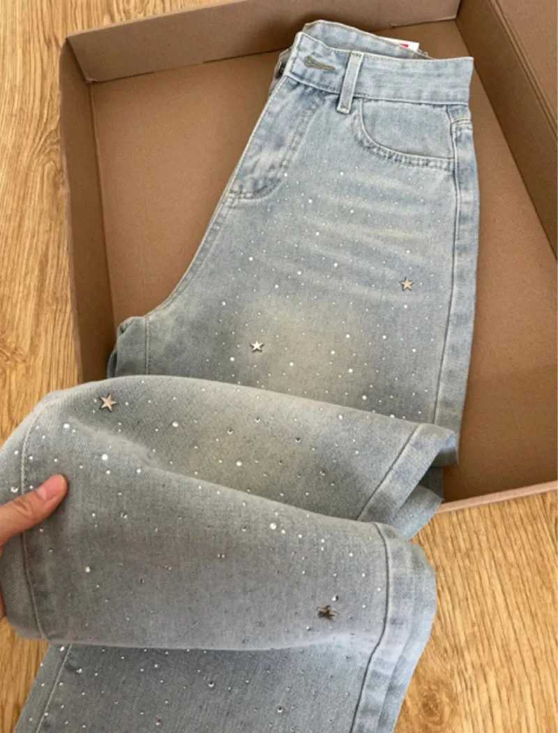 2025 Autumn New Design Light Blue Beaded Straight Denim Pants for Women High Waist Slimming Wide Leg Long PantsT251208