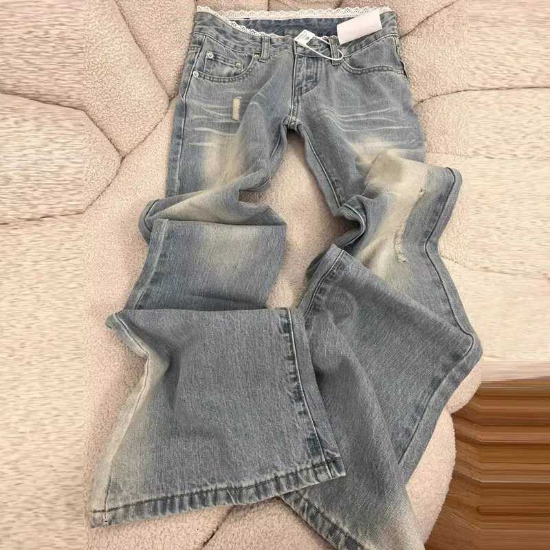 Light Wash Flared Jeans for Women Plus Size Lace Low Rise Floor Length Slim Fit Bell Bottom Pants Trendy Design for Curvy LadiesT251208