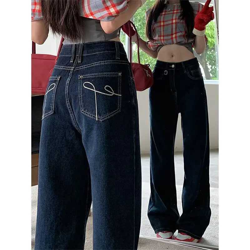 Embroidery Retro High Waist Straight Leg Jeans Womens Loose Casual Wide Leg Pants Floor-Length Trousers Autumn CollectionT251208