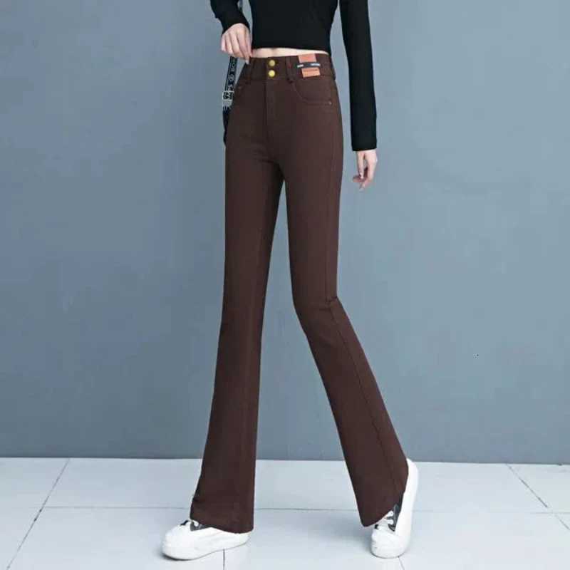 AutumnWinter New Fashion Elastic High Waist Solid Womens Clothing Korean Bell-bottoms All-match Simplicity Pockets Chic PantsT251208