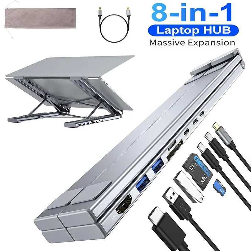8-in-1 USB-C Laptop Stand With Docking Station Universal USB C Dock Tablet Stand Foldable Type-C Hubs Adapter Plug Play C2512089