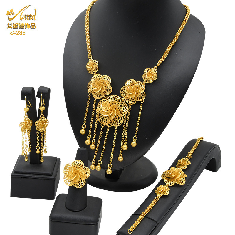ANIID Dubai Gold Plated Jewelry Set For Women Flower With Tassel Big Nigerian Indian Bridal Necklaces Earrings Rings Sets 251114