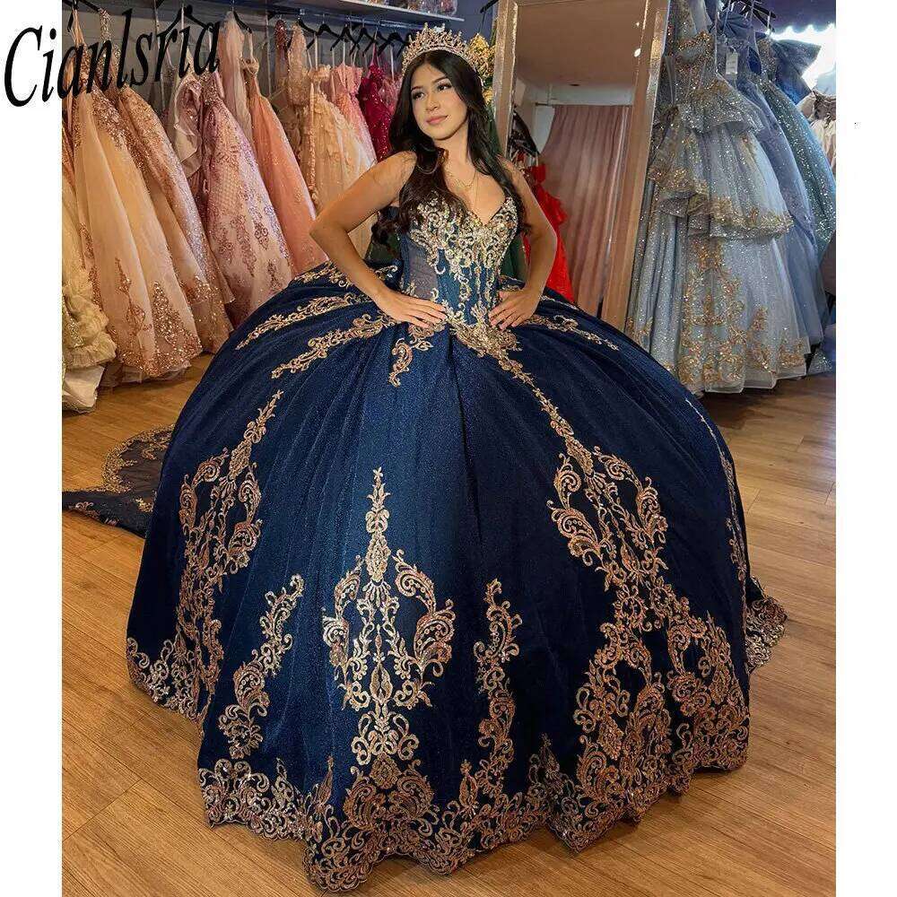 Navy Blue Illusion Spaghetti Straps Quinceanera Dresses Ball Gown Gold Appliques Lace Sweet 15 Anos Mexican Customized