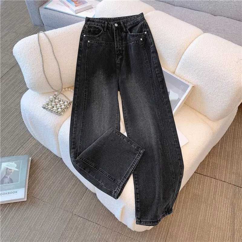 Woman High Waist Loose Wide Leg Jeans Boyfriend Straight Leg Pants Female Gray Black Denim Trousers Autumn Winter Plush JeansT251208