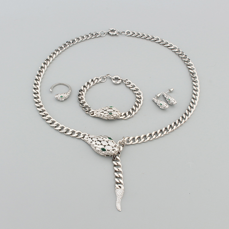 New Green Eye Snake Ring Women's Bracelet Set Earrings Necklace Copper Gold Plated Micro Pave Zircon Jewelry