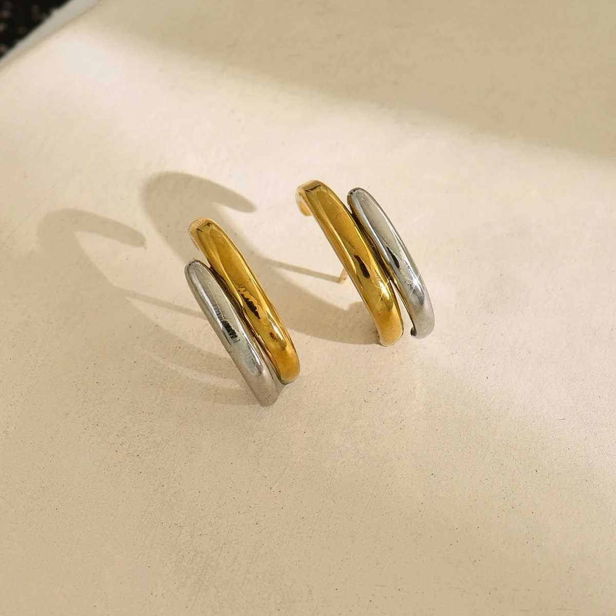 Gold Sliver Color Irregular Cshape Stud Earrings Stainless Steel Bicolor Geometric Waterproof Fashion Jewelry Party Gift Women J251208