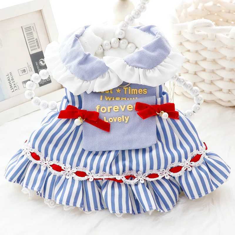 Pet Dog Winter Clothes Striped Princess Dress For Small Dogs Thickened Warm Cotton Fabric With Bowknot Decoration M251208