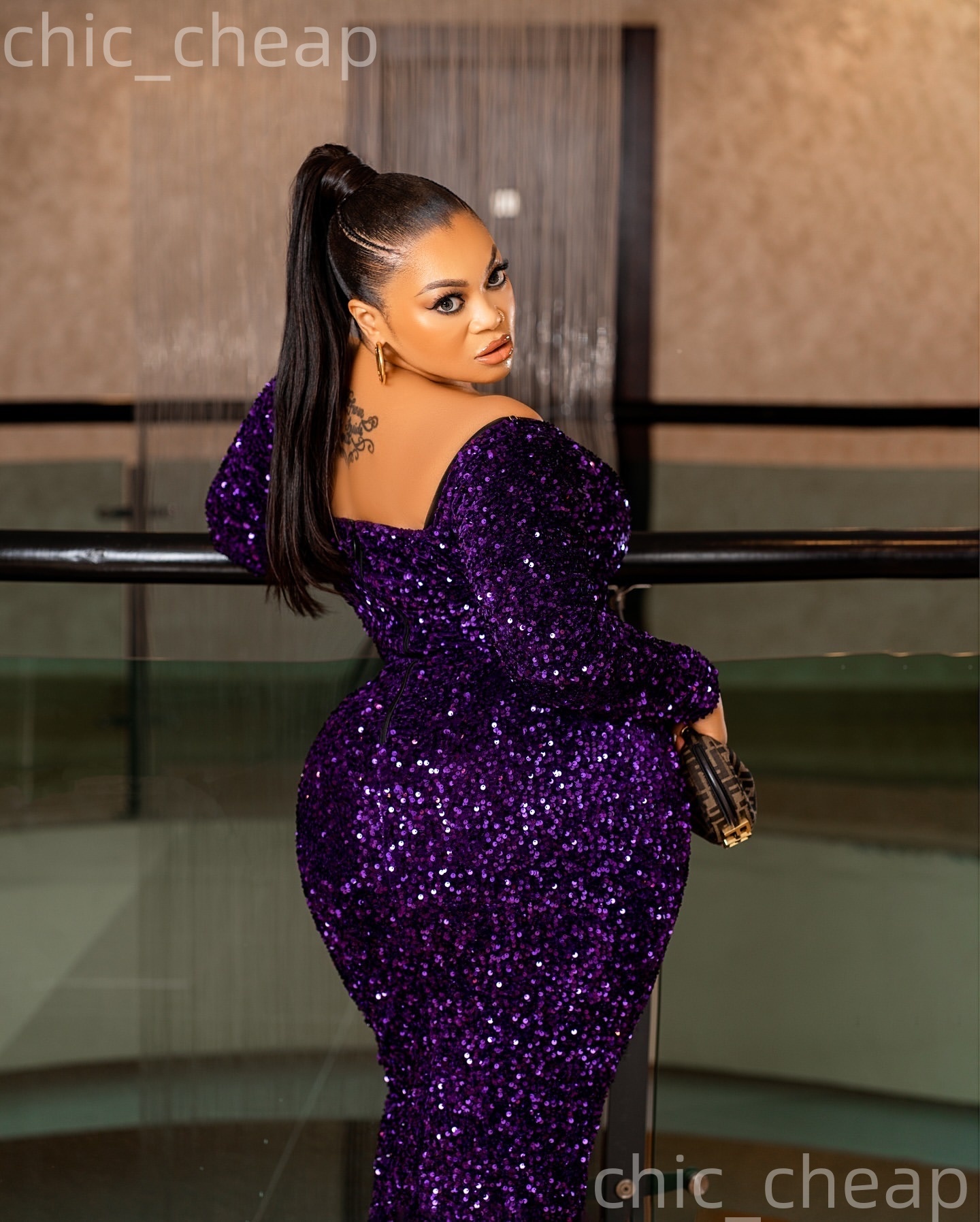 Aso Ebi Purple Sheath Prom Dresses 2026 Scoop Long Sleeves Sequined Evening Formal Party Second Birthday Engagement Gowns Plus Size Dress For Special 