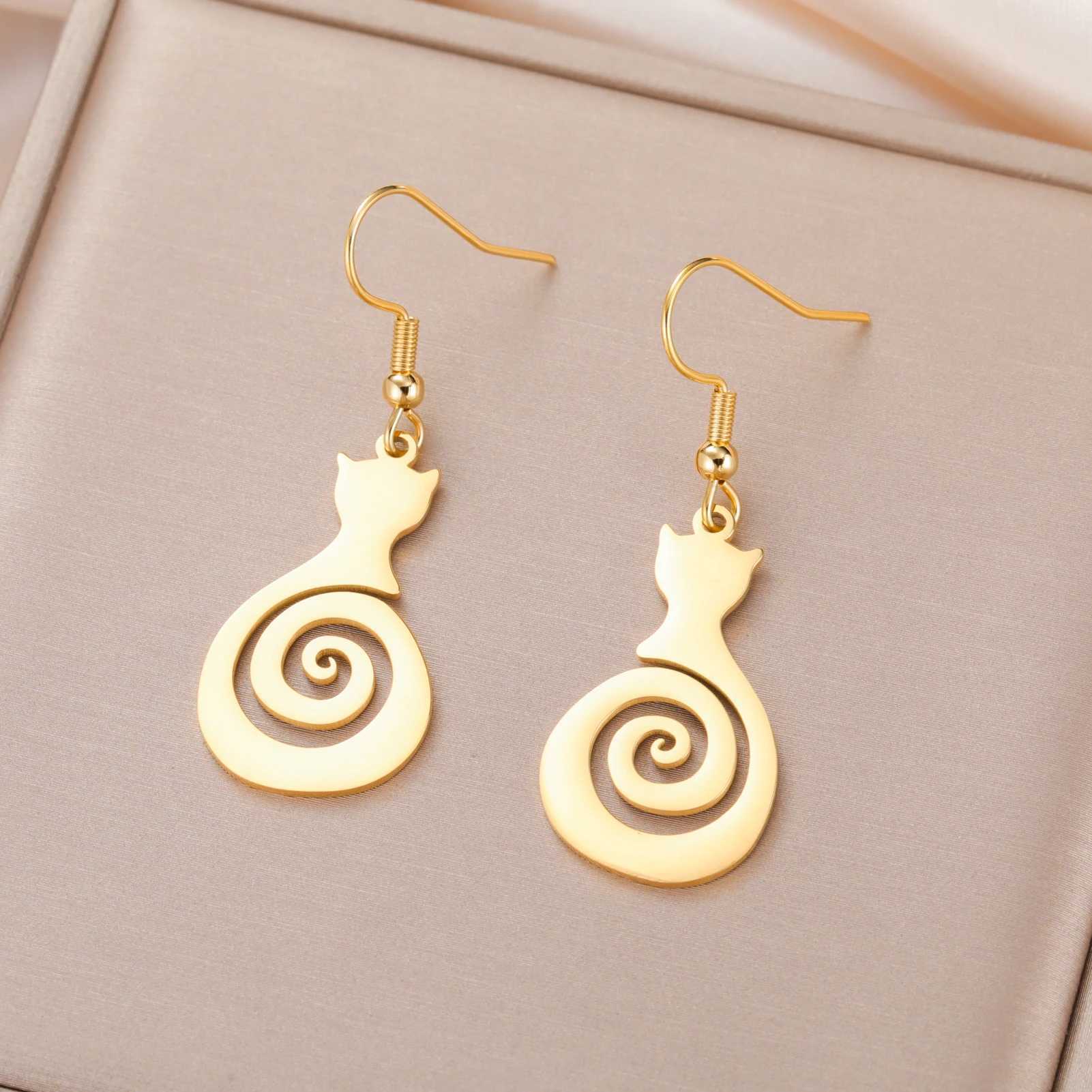 Cazador Cat Kitten Cute Swirl Spiral Tail Earrings for Women Girls Stainless Steel Animal Drop Earrings Jewelry Birthday Gift J251208
