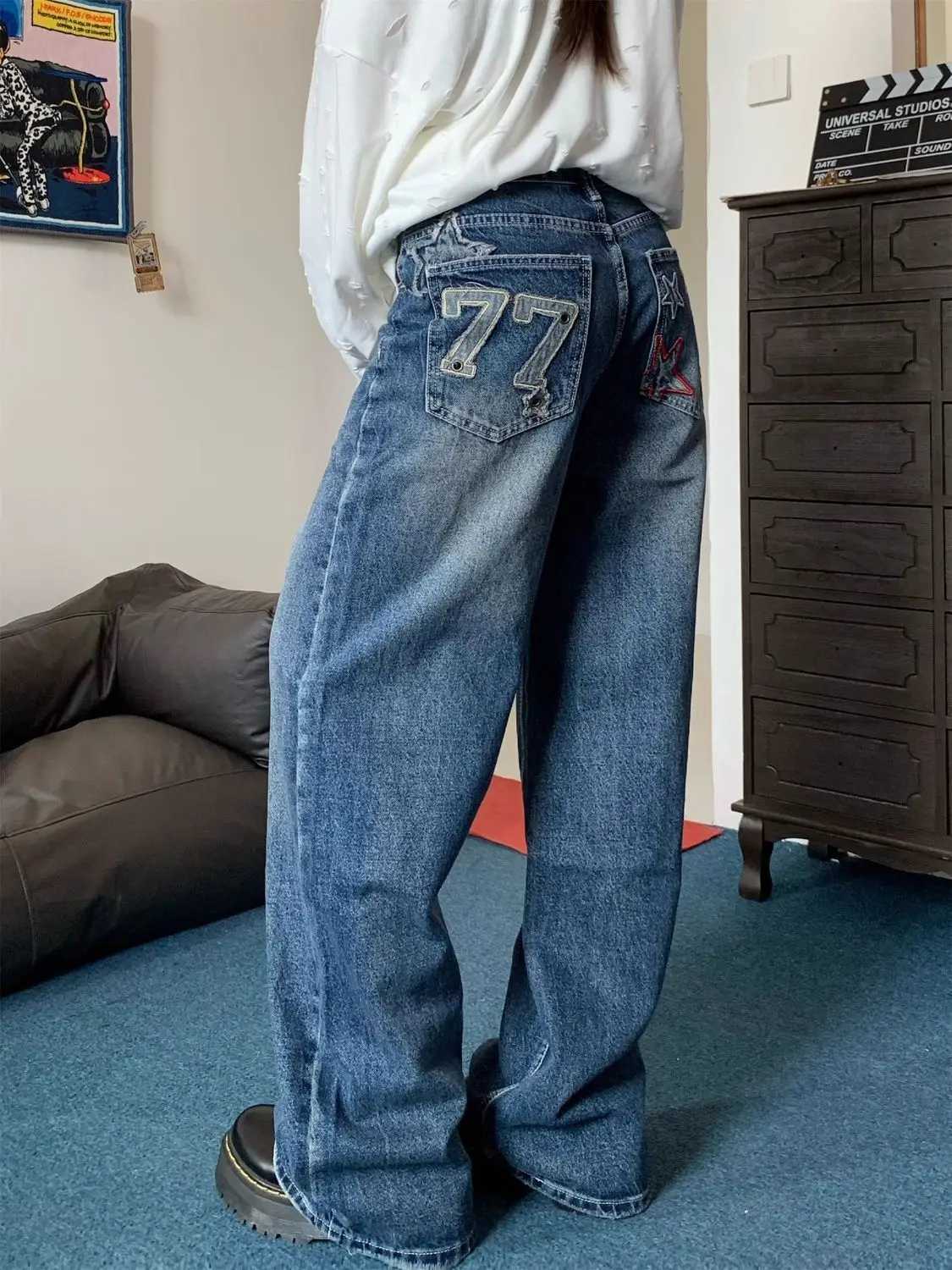 Y2K Embroidered Digital Star Jeans Women Colorful Patchwork Washed Light Blue Baggy Pants American Streetwear Wide Leg TrousersT251208