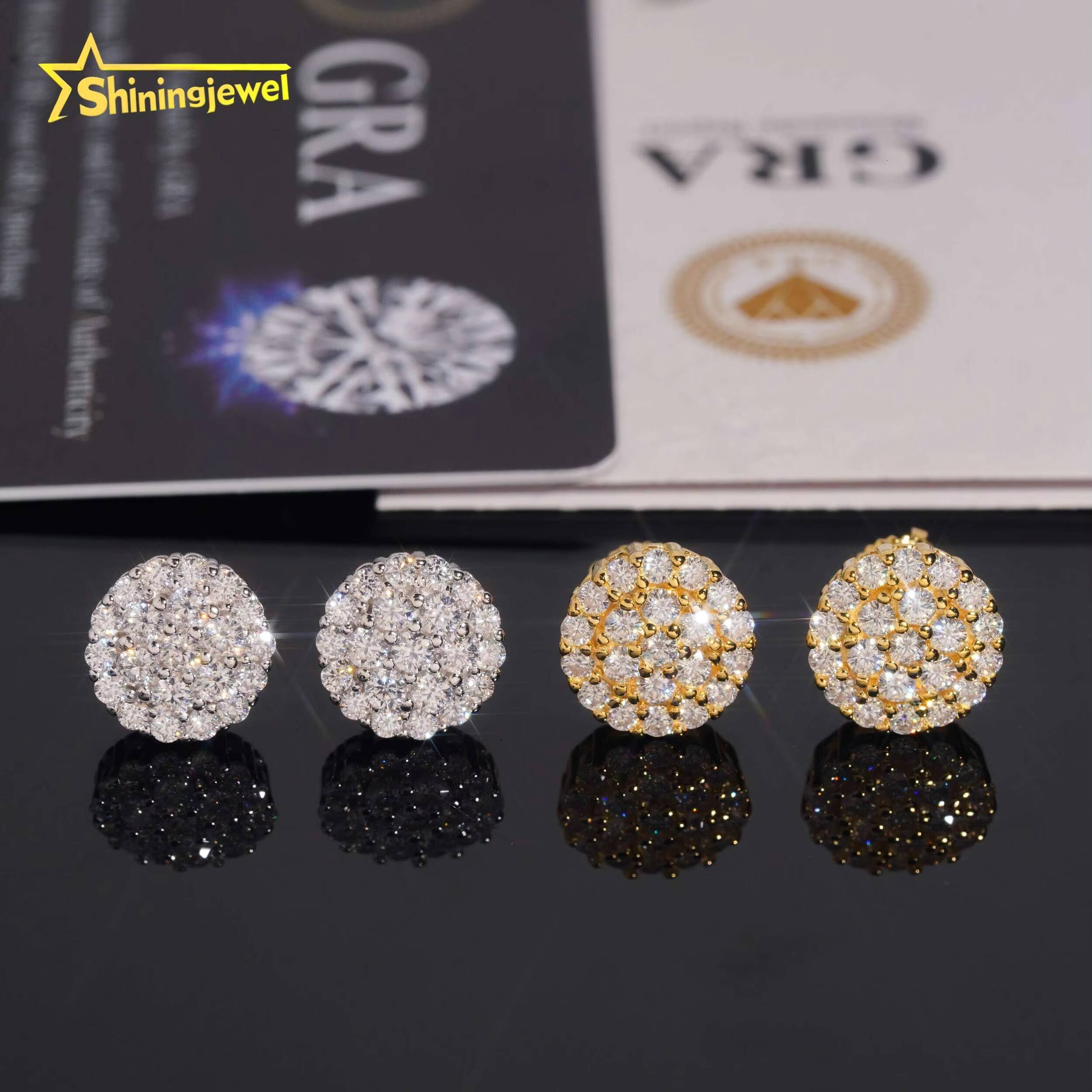 Pass Diamond Tester Round Diamond 925 Silver Cluster 105mm Iced Out VVS Moissanite Jewelry Hip Hop Stud Earrings USA Shipping