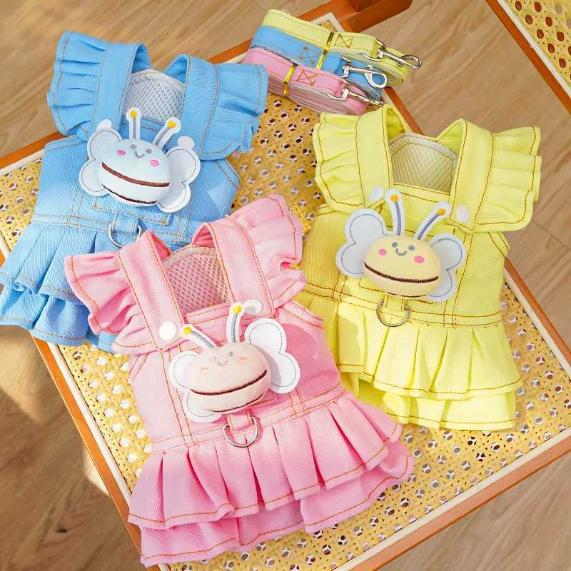 Denim Cat Dog Dress Harness With Leash Pink Yellow Blue Girls Harness Strap Skirt Outside Walking Puppy Jeans Clothing Chihuahua M251208