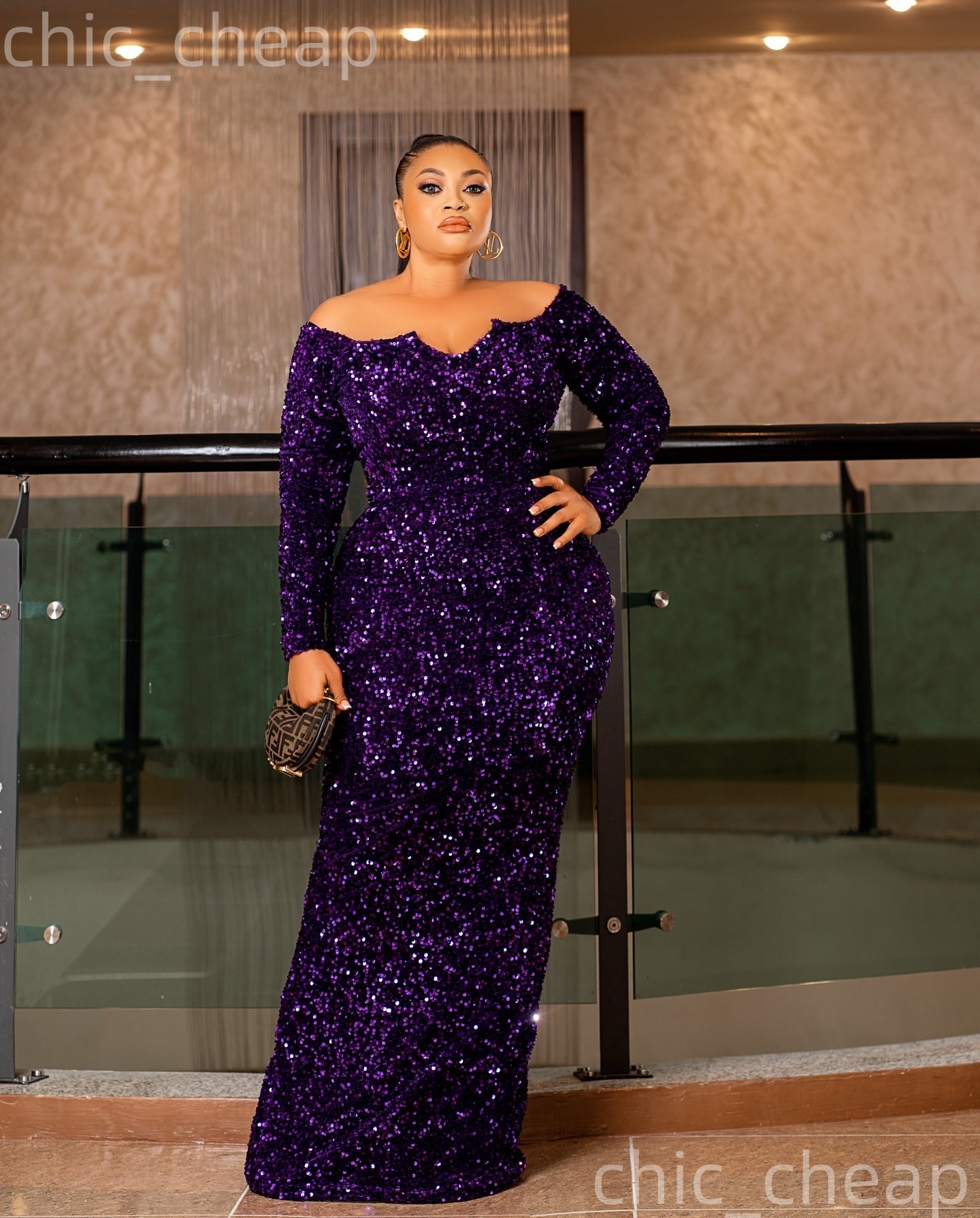 Aso Ebi Purple Sheath Prom Dresses 2026 Scoop Long Sleeves Sequined Evening Formal Party Second Birthday Engagement Gowns Plus Size Dress For Special 