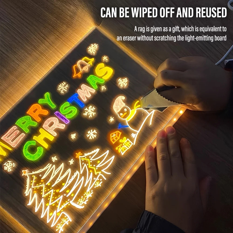LED Luminous Note Board Acrylic Message Board Erasable Creative Board Kids Led Light up Drawing Board with Stand Colorful Pencils