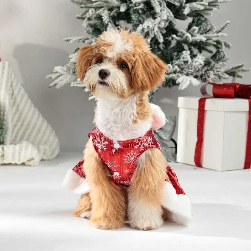 Christmas Dog Dress Snowflake Princess Skirt Winter Warm Plush Bowknot Sleeveless Clothes New Year Party Puppy Costume Dress Up M251208