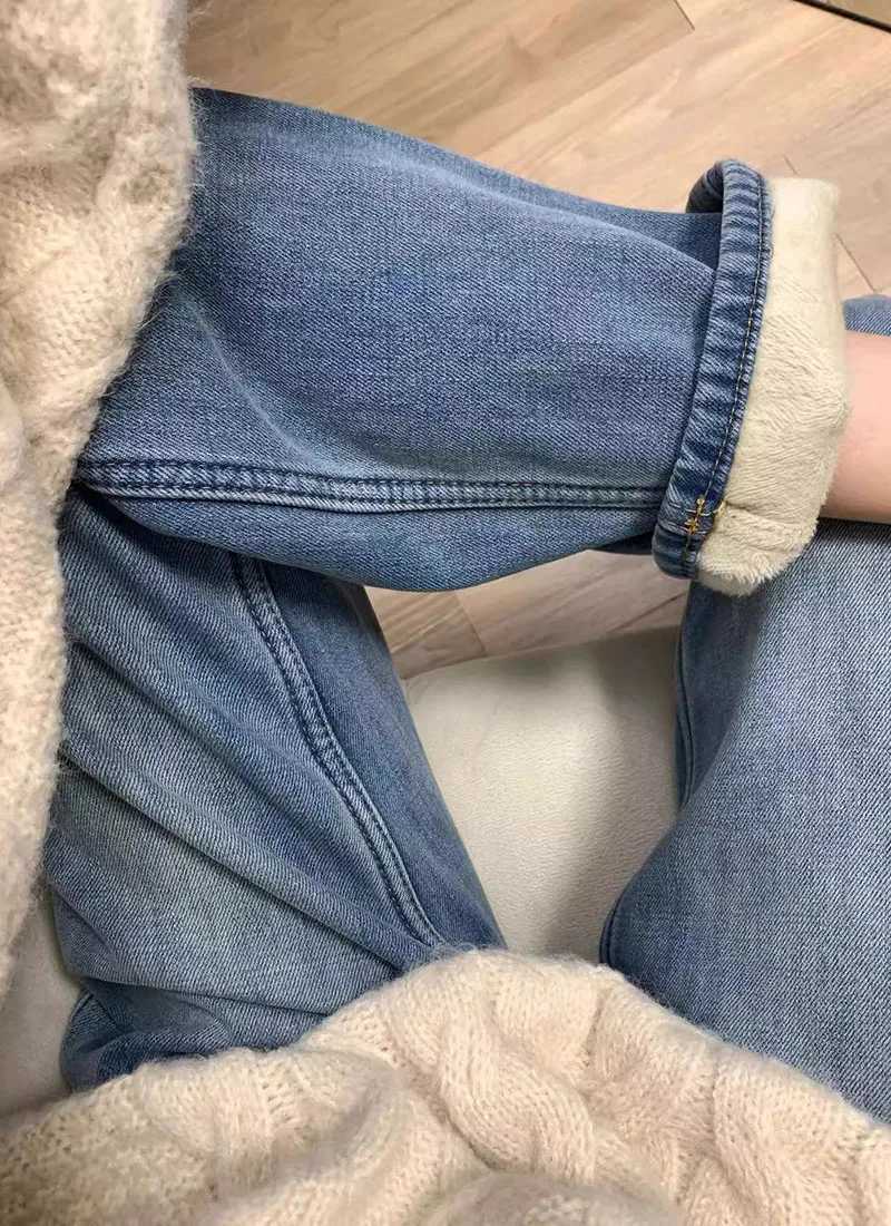 Thick Fabric Waist Straight Leg Jeans Women Popular Winter Plus Size Slimming High Waisted Warm Wide Leg Pants Fashion ItemT251208