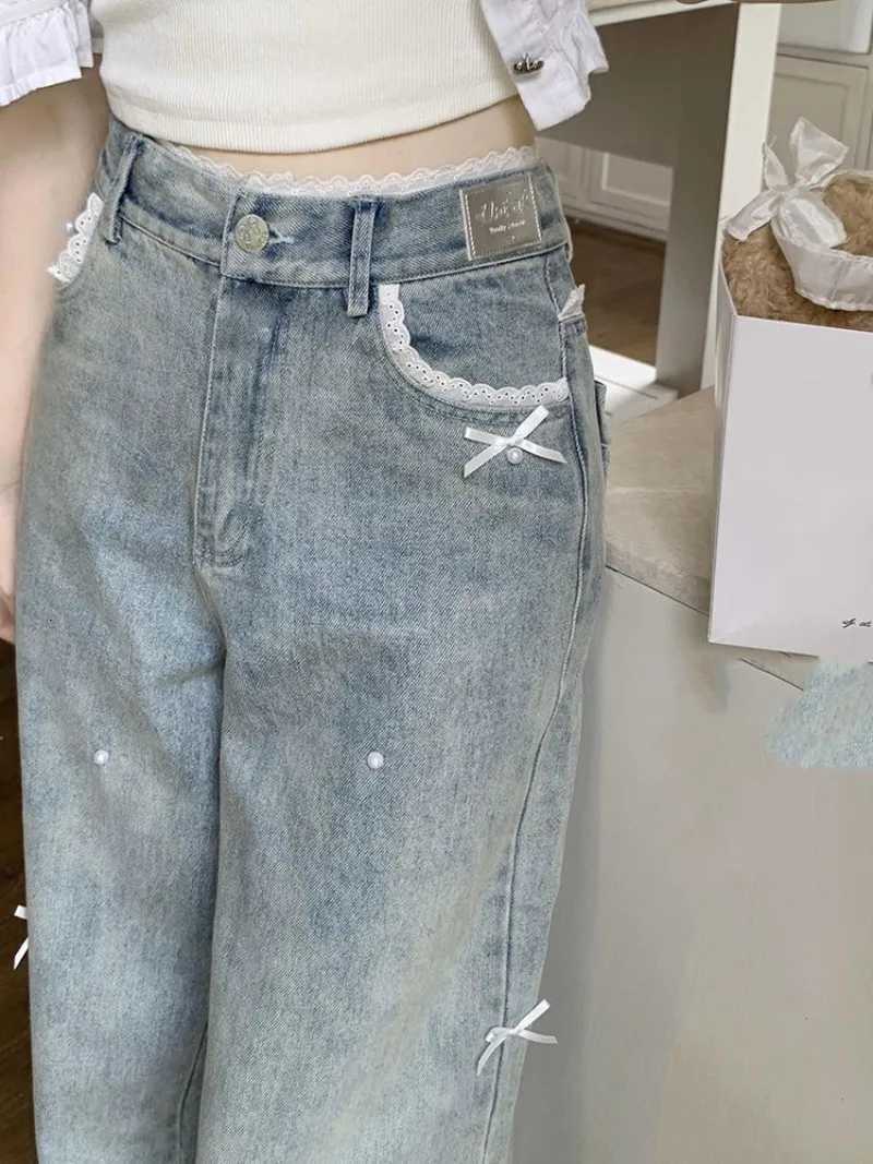 Sweet Bow Y2k Japanese Preppy Straight Jeans Women High Waist Denim Pants Wide Leg Chic Lace Patchwork Vintage TrousersT251208