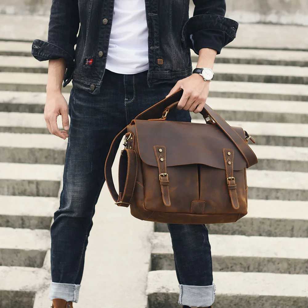 SWORKER Vintage Genuine Leather Mens Briefcase Laptop Messenger Bag Crazy Horse Leather Handbag Cowhide Retro Casual Style Z251208