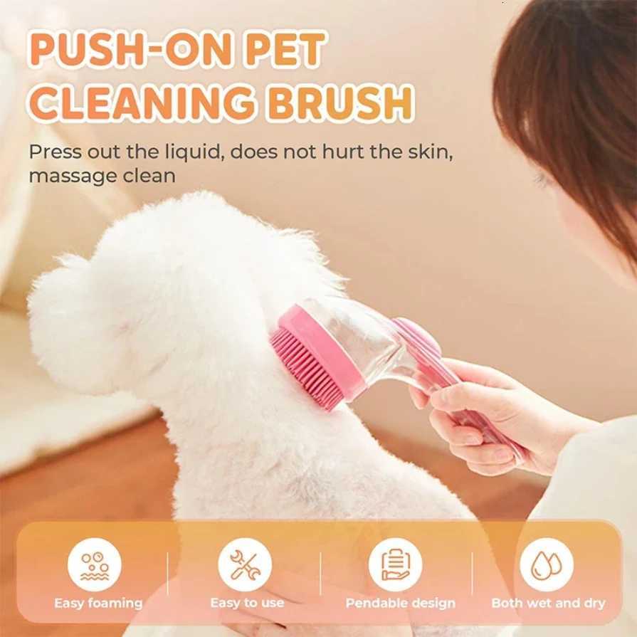 Long Handle Pet Bath Brush 2 in 1 with Built in Shampoo Dispenser for Dogs Cats Grooming Massage Reduce Residue Silicone Pet Bru M251208 - view 4
