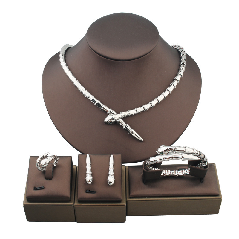 American Retro Style Green Eye Bracelet Ring Copper Gold-Plated Women's Necklace Earrings Banquet Wedding Jewelry Set D0