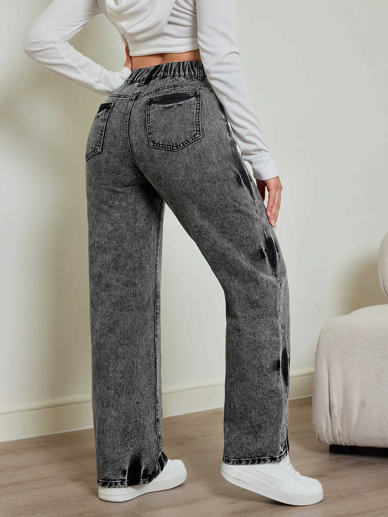 2025 autumn new womens jeans tie-dye contrast washing elastic waist high waist straight jeansT251208