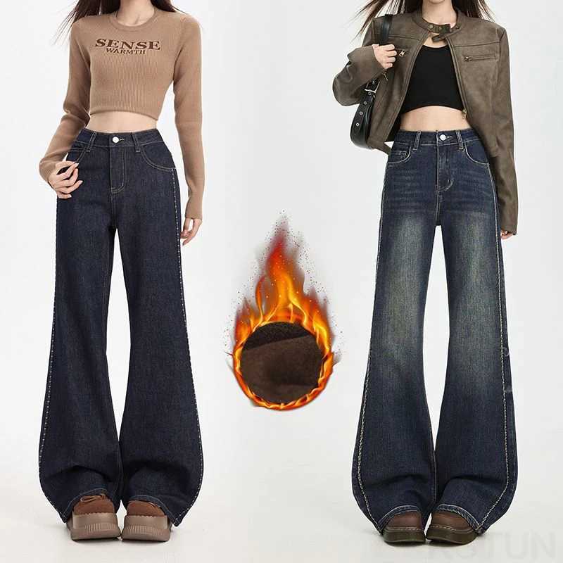 KSTUN Fleece Jeans For Women Winter Bell Bottom Trousers Warm Thicken Embroidered Stripes Design Mom Straight Leg Flared PantsT251208