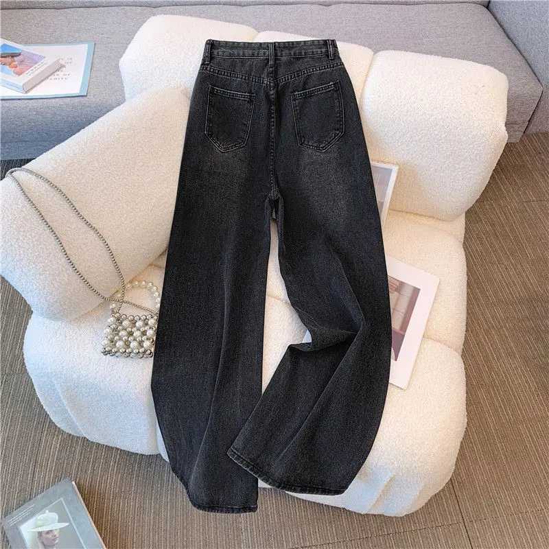Woman High Waist Loose Wide Leg Jeans Boyfriend Straight Leg Pants Female Gray Black Denim Trousers Autumn Winter Plush JeansT251208