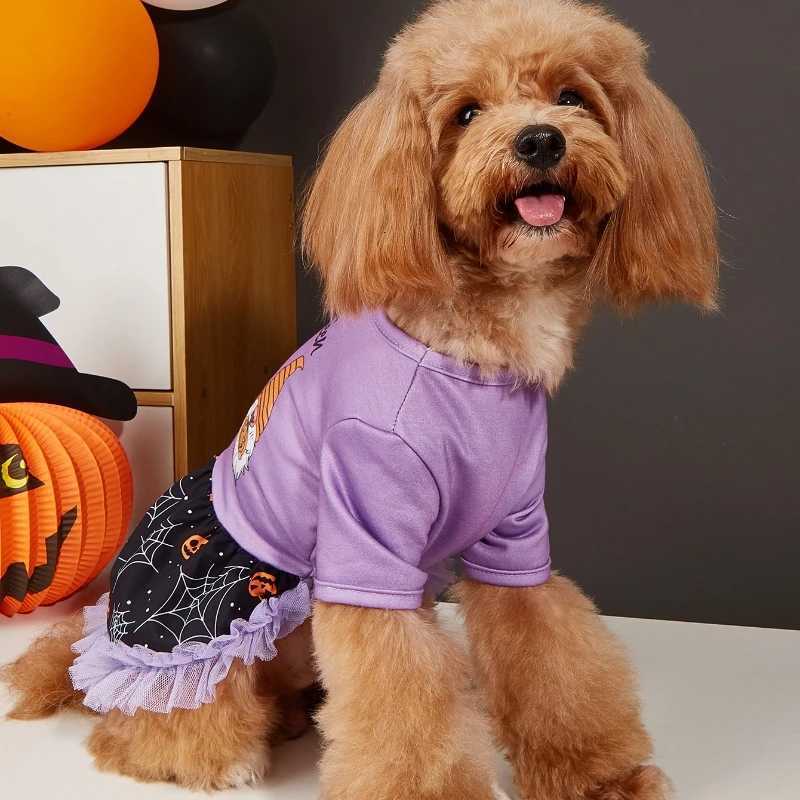 Halloween Pet Dress with Print Pumpkin Patterns Tulle Skirt Orange and PURple Options for Small Dogs Halloween Parties M251208
