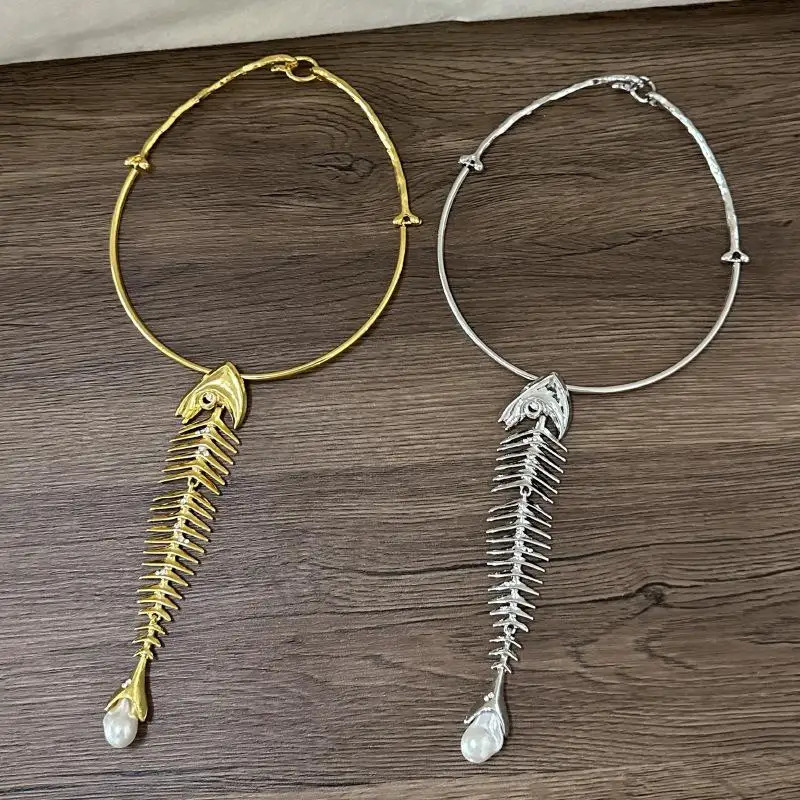 1PC Fashion Exaggerated Necklace Alloy Big Fish Bone Pendant Choker Necklace For Women Jewelry Accessories Gift 251205
