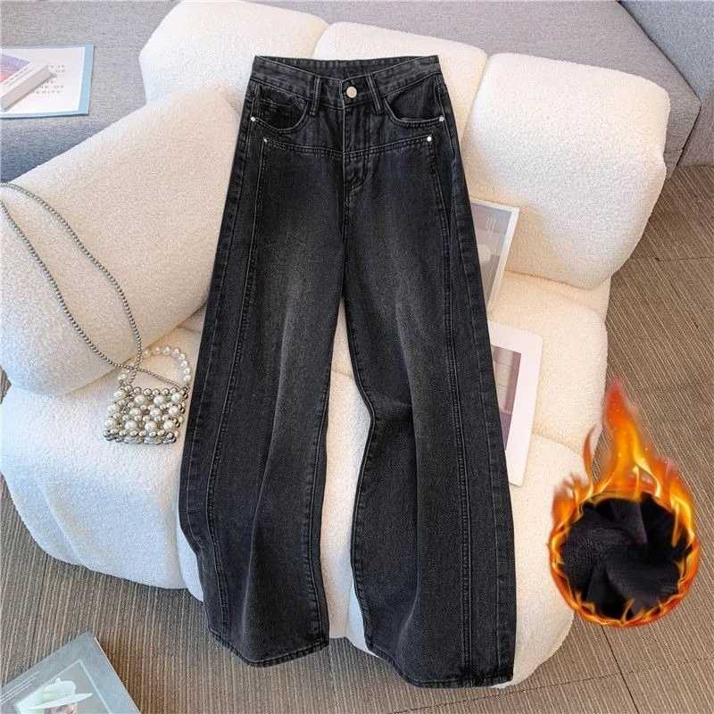 Woman High Waist Loose Wide Leg Jeans Boyfriend Straight Leg Pants Female Gray Black Denim Trousers Autumn Winter Plush JeansT251208