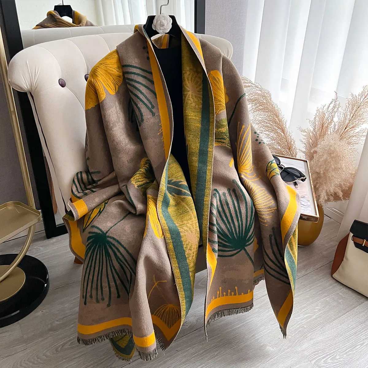 Luxury 2025 New Winter Warm Cashmere Shawl Fashion Leaf Scarf Women Neckerchief Pashmina Head Scarves Wrap Femal Poncho Echarpe Bandana Y251208