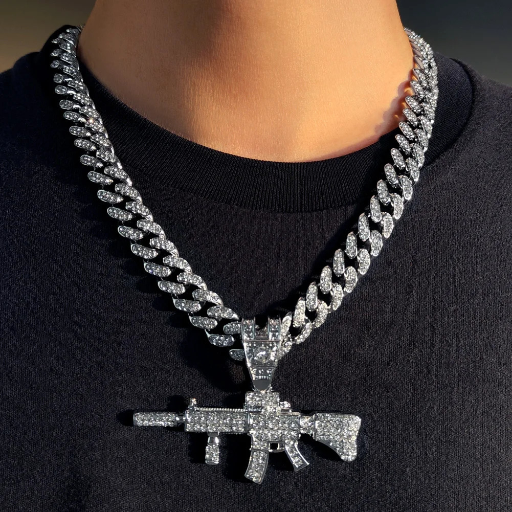 Men Women Crystal Gun AK47 Pendant Necklace Punk Hip Hop 14MM Prong Miami Cuban Link Chain Rapper Necklaces Jewelry For Gifts 251204