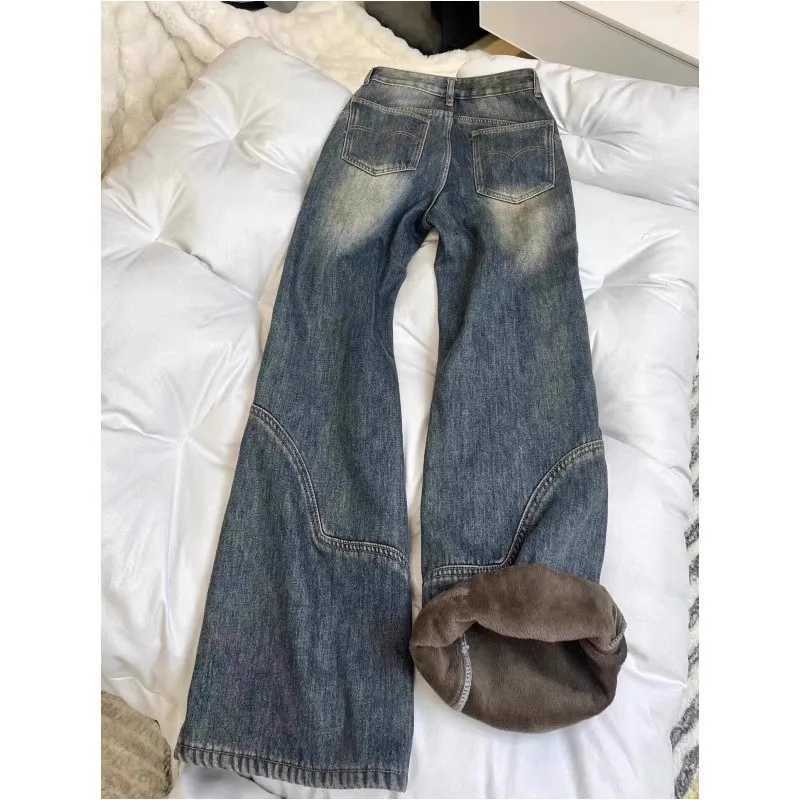 Y2k Pants Jeans for Woman Wide Leg Distressed Denim High Waist Trousers 2025 Winter Vintage Light Blue Comfort Fit RetroT251208
